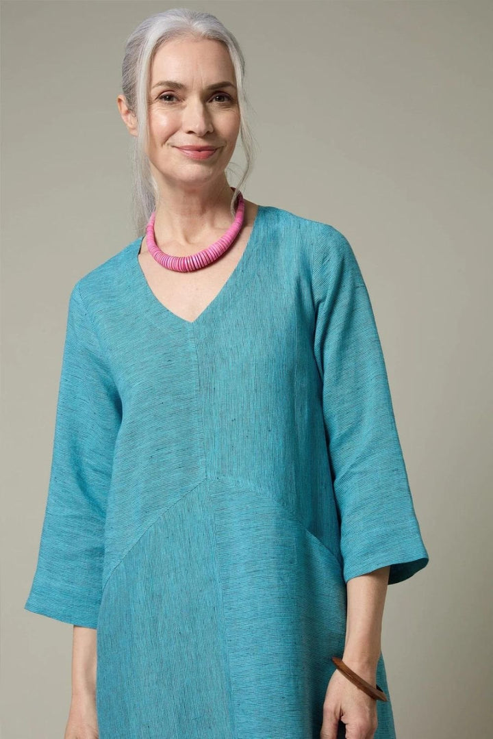 LINEN TICKING STRIPE DRESS | COL=TEAL