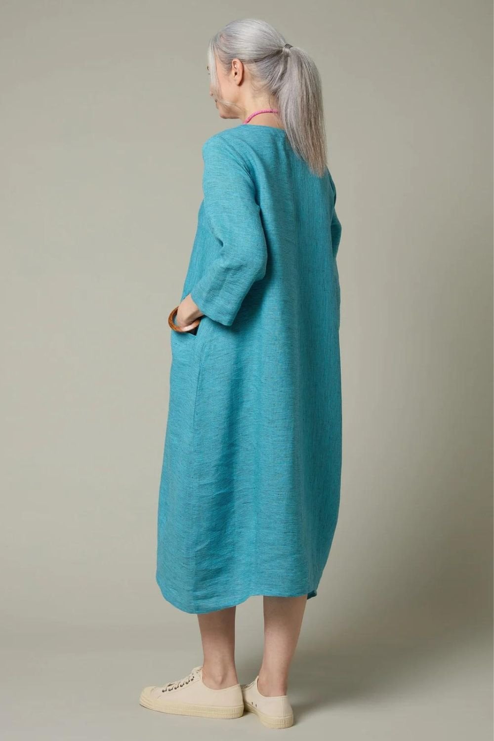 LINEN TICKING STRIPE DRESS | COL=TEAL