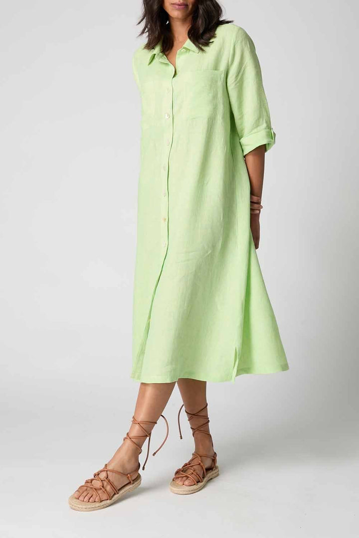 LINEN TICKING STRIPE SHIRT DRESS | COL=AQUA