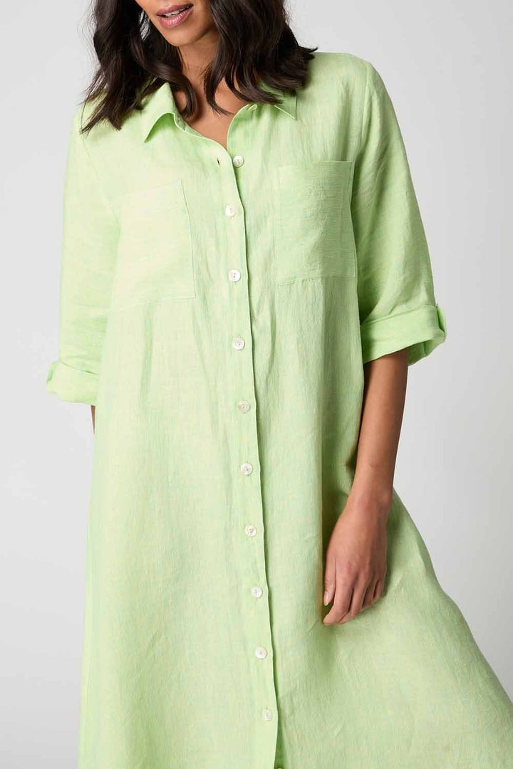 LINEN TICKING STRIPE SHIRT DRESS | COL=AQUA