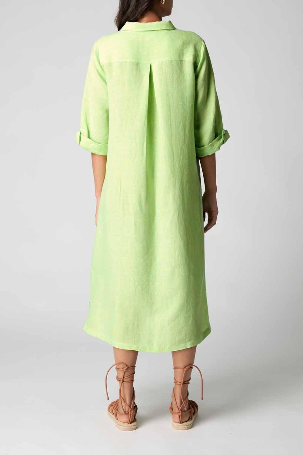 LINEN TICKING STRIPE SHIRT DRESS | COL=AQUA