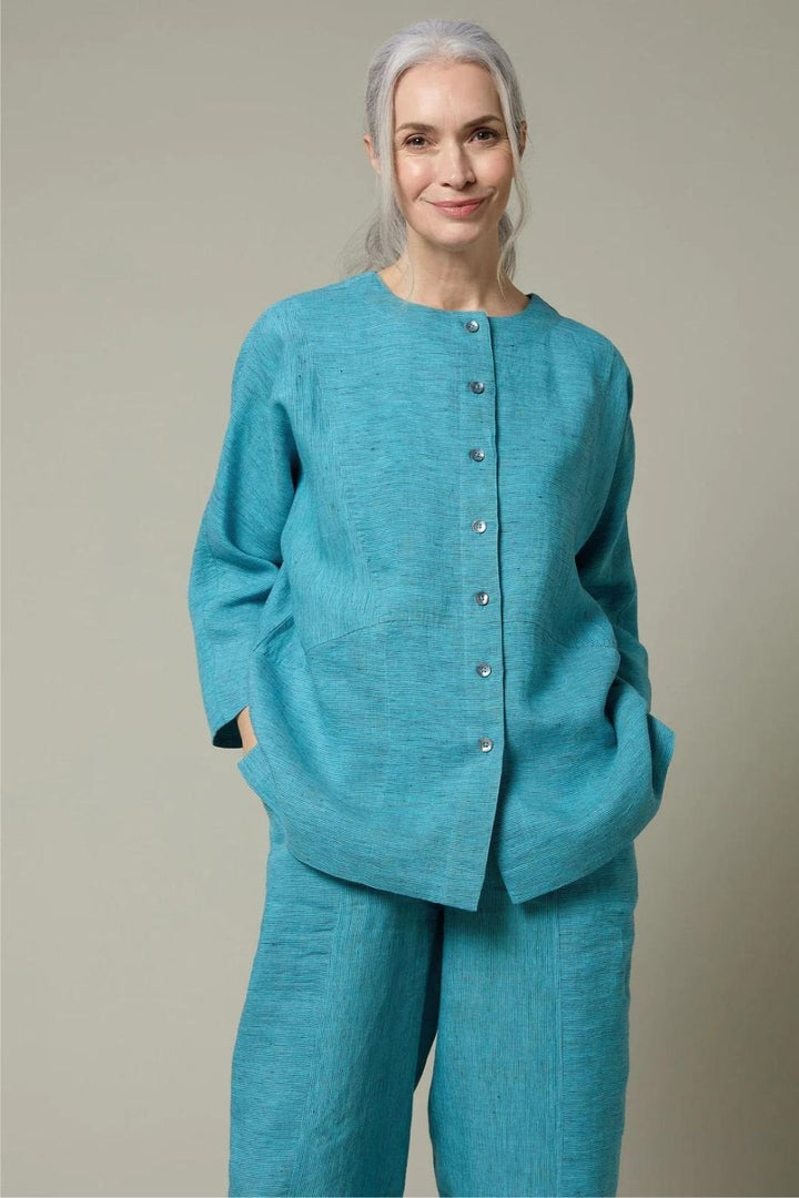 LINEN TICKING STRIPE SHIRT | COL=MIX,TEAL