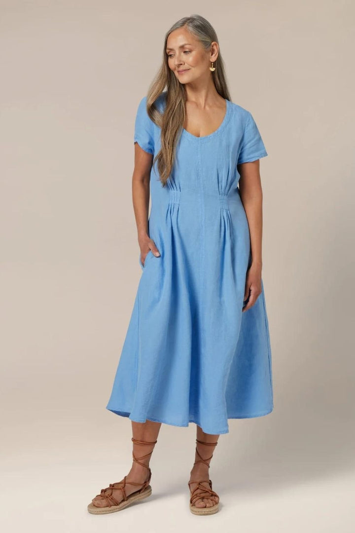 ORGANZA LINEN TUCK DETAIL DRESS | COL=SKY BLUE
