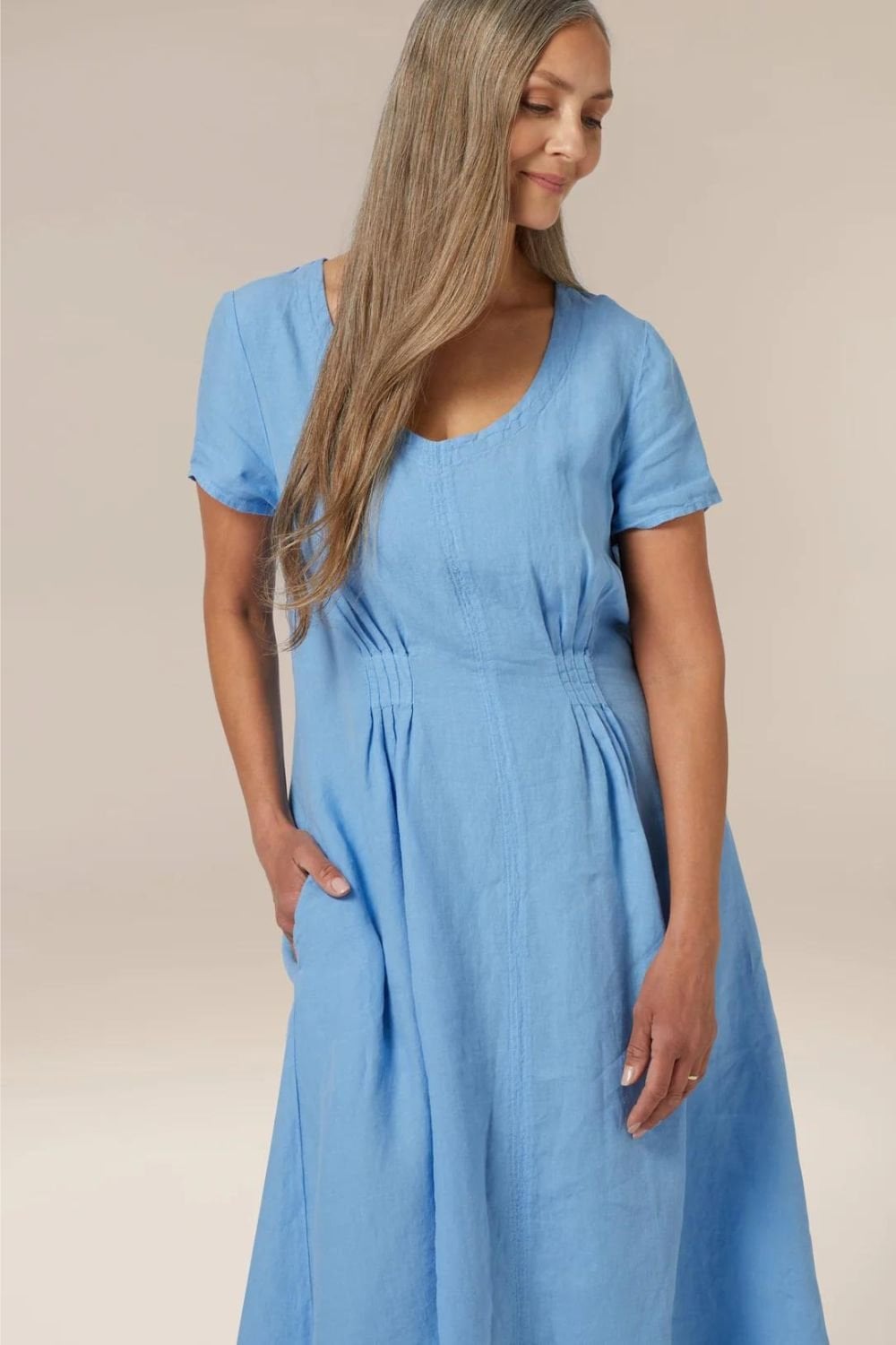 ORGANZA LINEN TUCK DETAIL DRESS | COL=SKY BLUE