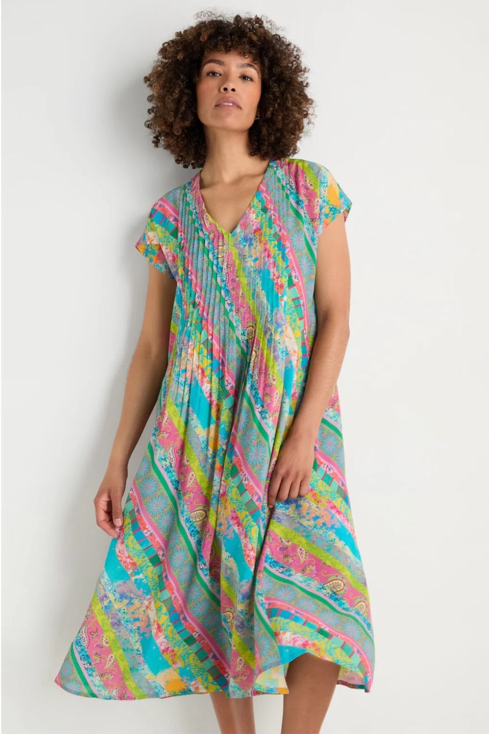 PATCHWORK STRIPE PLEATED DRESS | COL=MULTI
