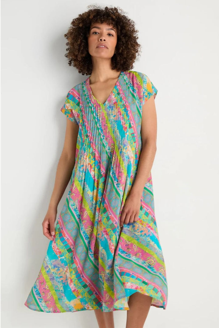 PATCHWORK STRIPE PLEATED DRESS | COL=MULTI
