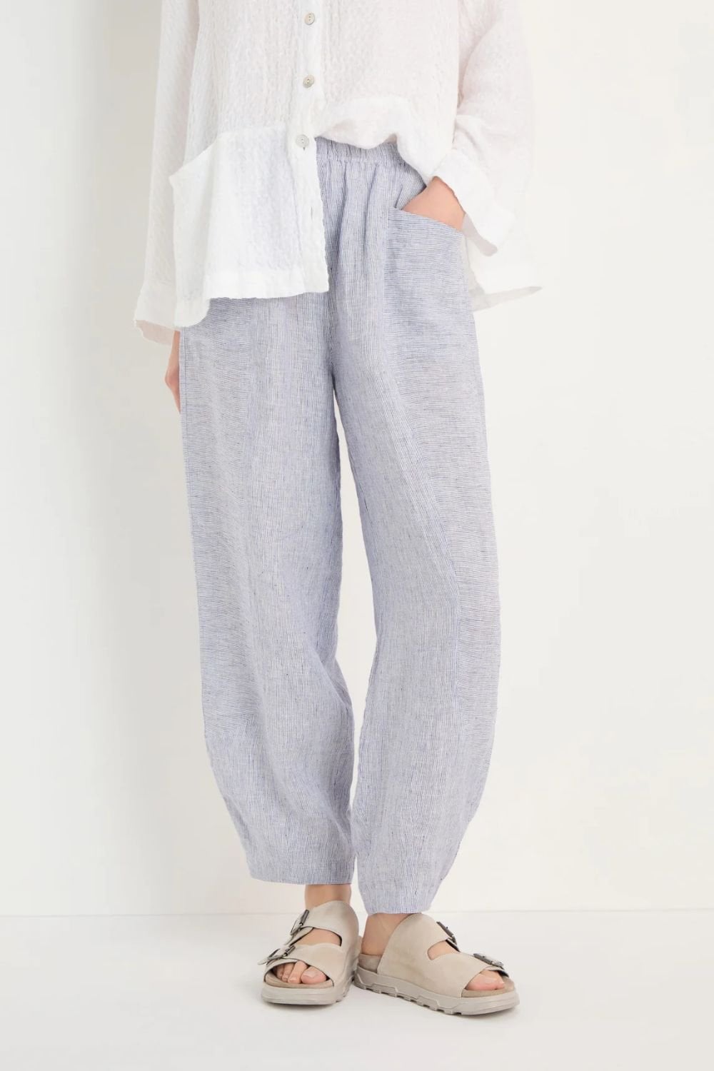 TICKING LINEN STRIPE BUBBLE TROUSER | COL=BLUEBERRY
