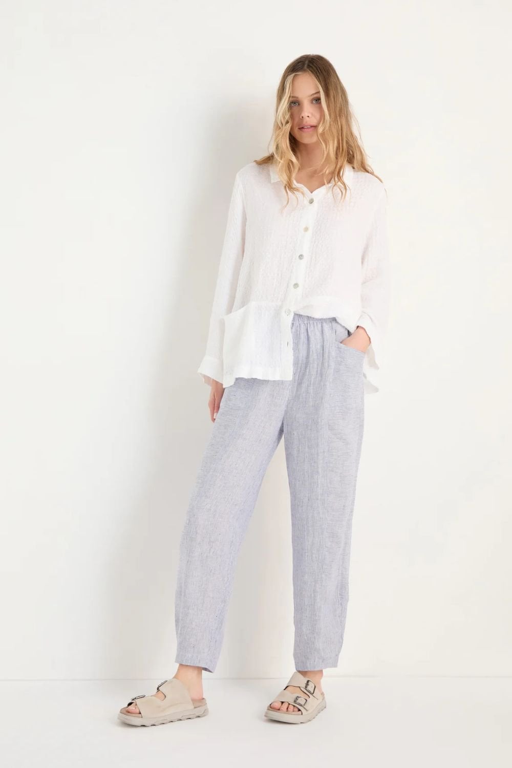 TICKING LINEN STRIPE BUBBLE TROUSER | COL=BLUEBERRY