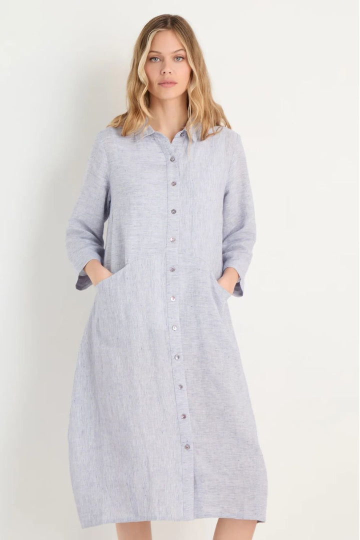 TICKING LINEN STRIPE SHIRT DRESS | COL=BLUEBERRY