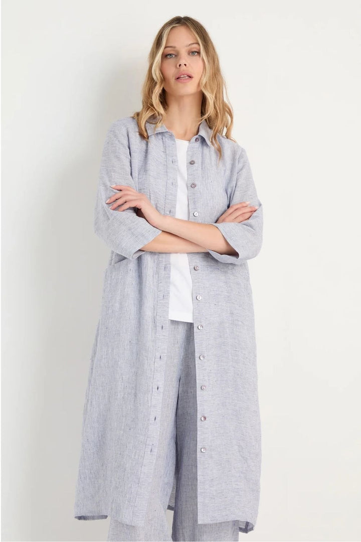 TICKING LINEN STRIPE SHIRT DRESS | COL=BLUEBERRY