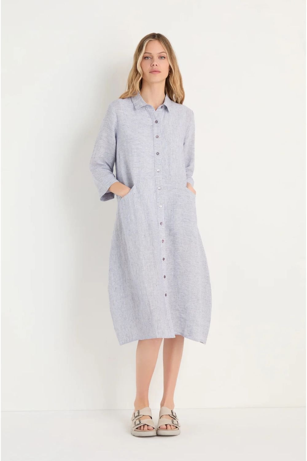 TICKING LINEN STRIPE SHIRT DRESS | COL=BLUEBERRY