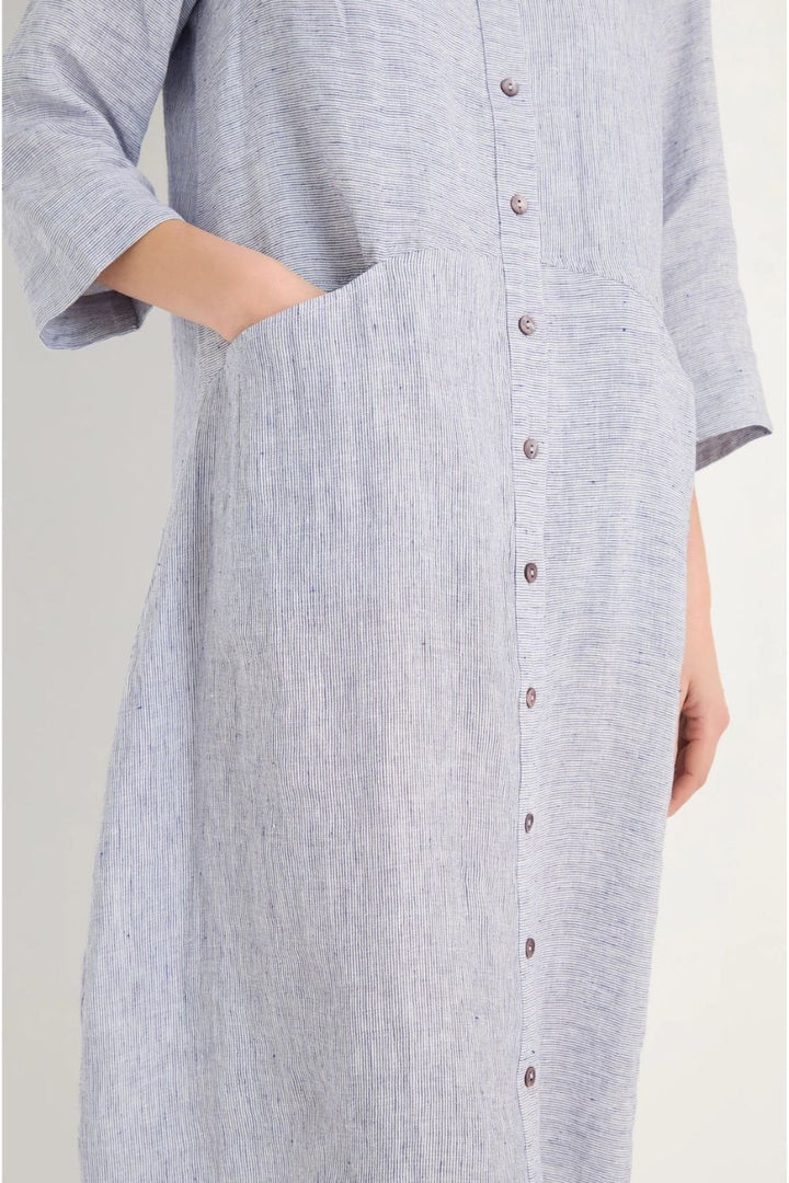 TICKING LINEN STRIPE SHIRT DRESS | COL=BLUEBERRY