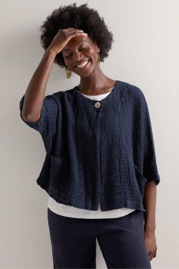 WAFFLE LINEN BOXY JACKET | COL=NIGHT,SAGE