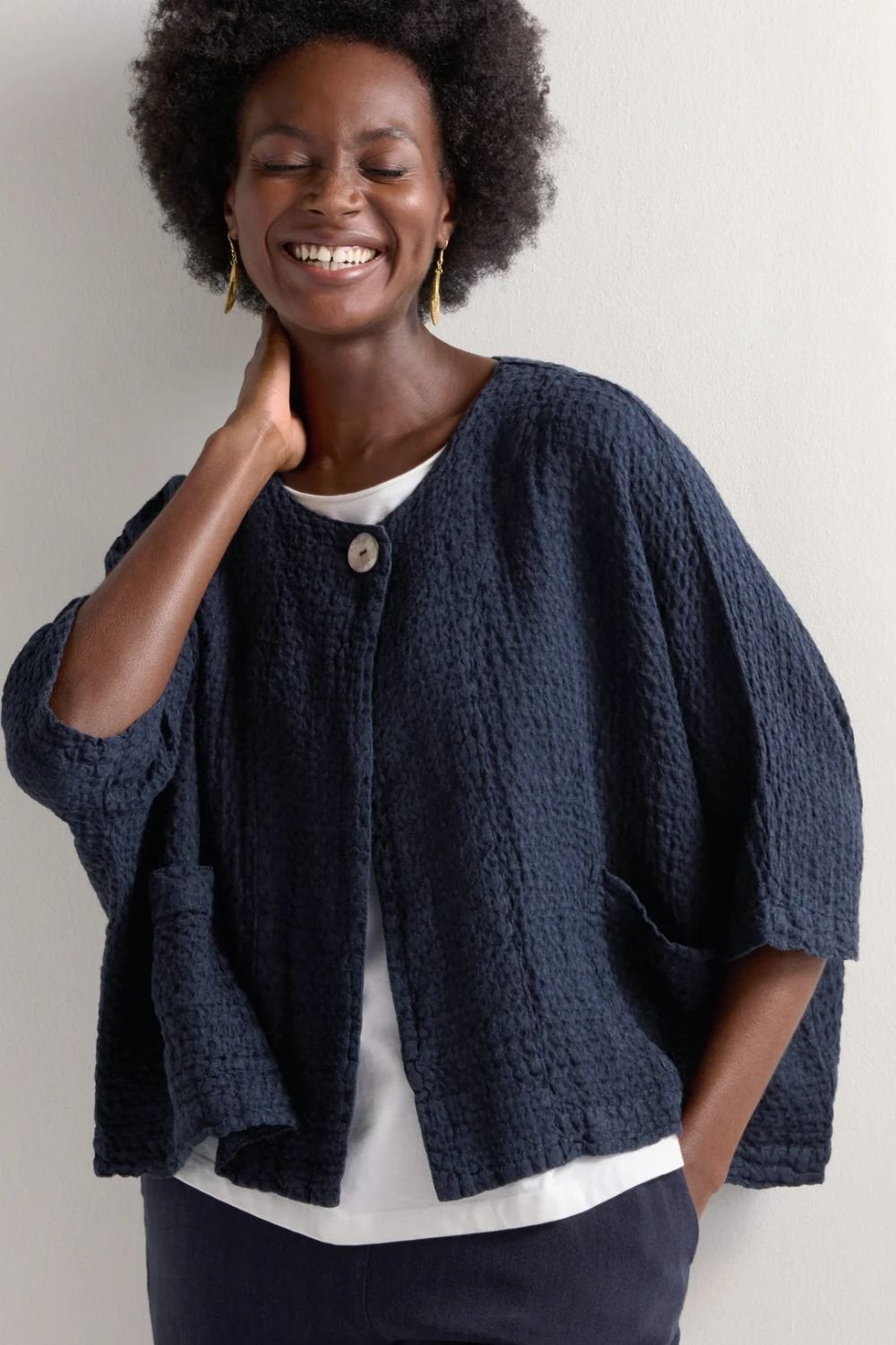 WAFFLE LINEN BOXY JACKET | COL=NIGHT,SAGE