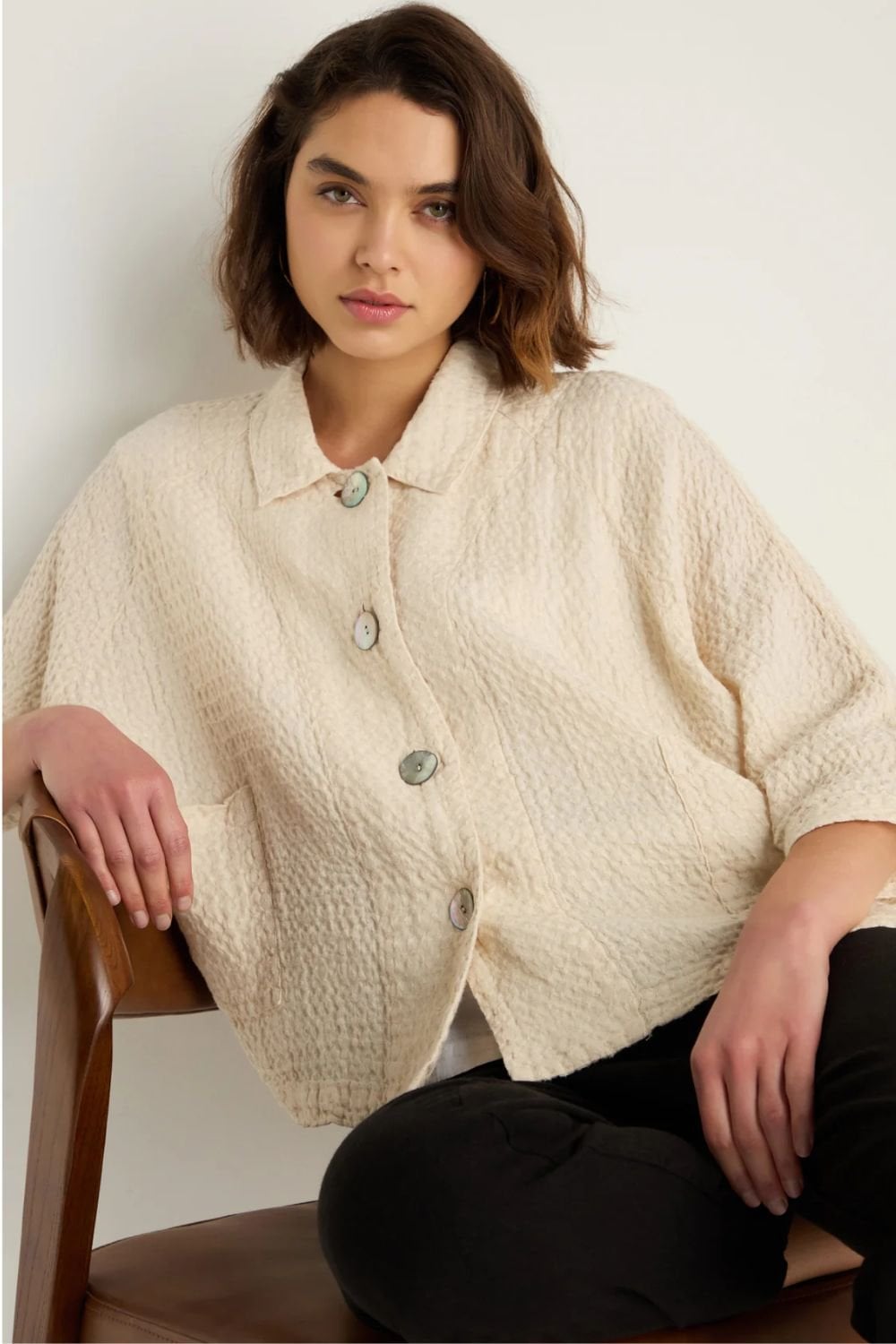 WAFFLE LINEN BOXY JACKET | COL=ECRU