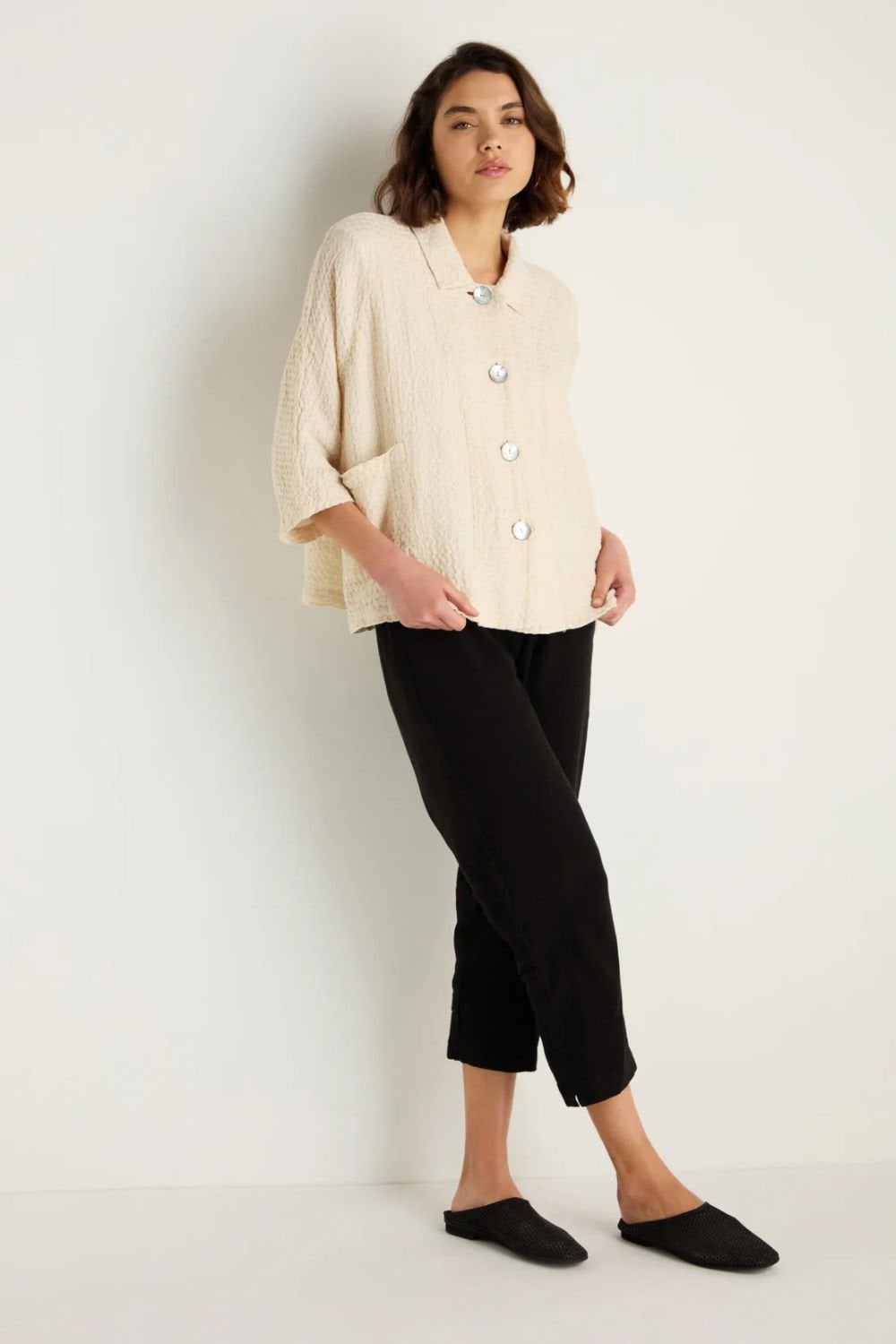 WAFFLE LINEN BOXY JACKET | COL=ECRU