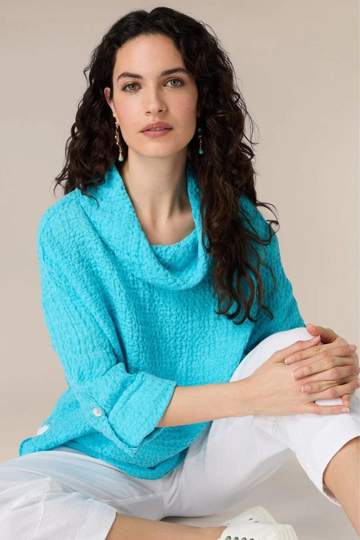 WAFFLE LINEN COWL NECK TOP | COL=TURQ