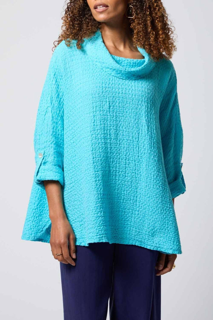 WAFFLE LINEN COWL NECK TOP | COL=TURQ