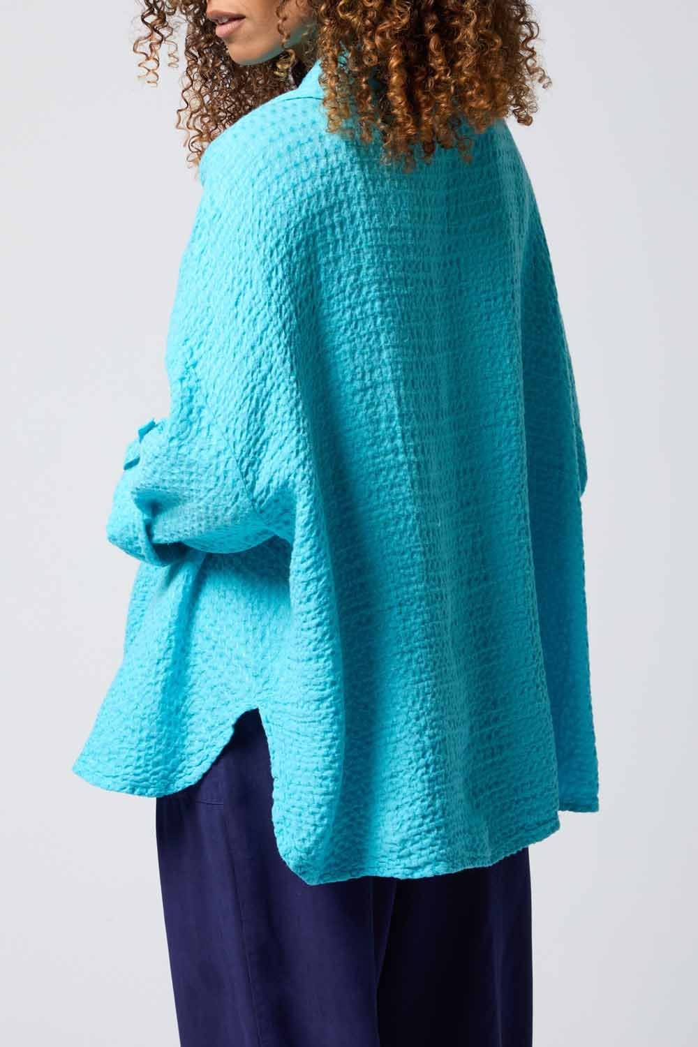 WAFFLE LINEN COWL NECK TOP | COL=TURQ