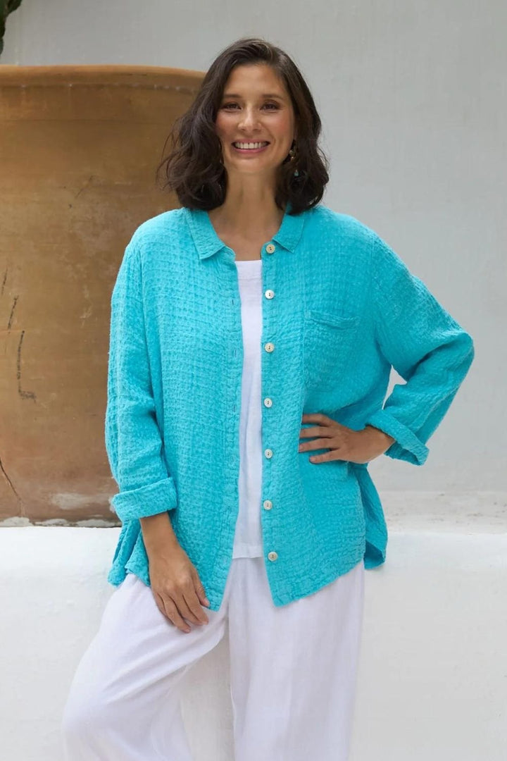 WAFFLE LINEN POCKET SHIRT | COL=TURQ