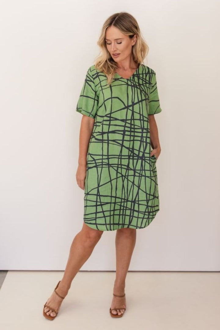 TOKYO LINE PRINT LINEN  DRESS | COL=PISTACHIO