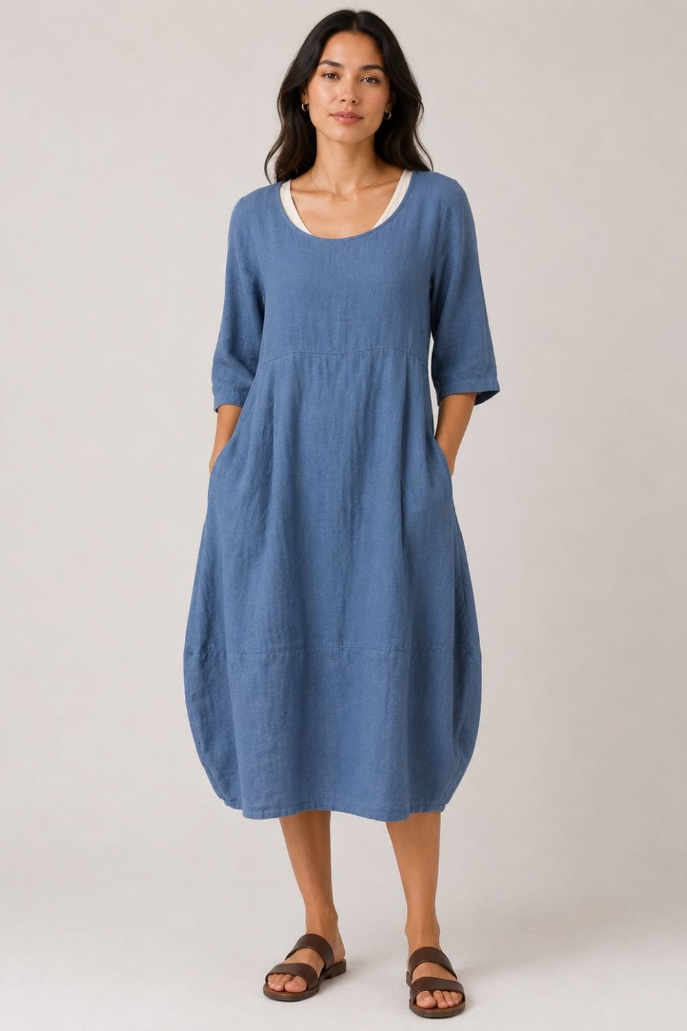 LINEN BUBBLE DRESS | COL=MOON STONE