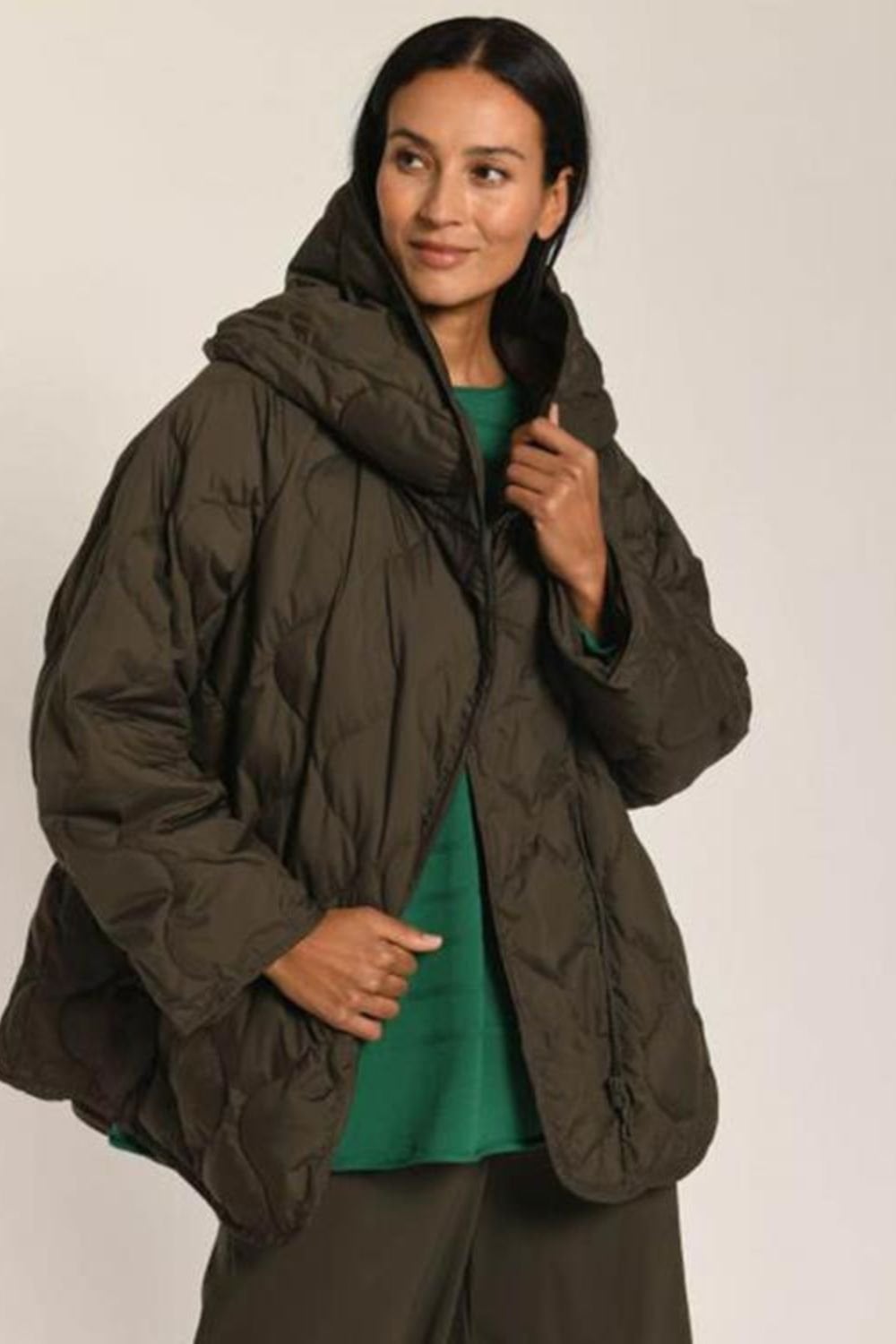 HOODED A SHAPE JACKET | COL=DARK OLIVE