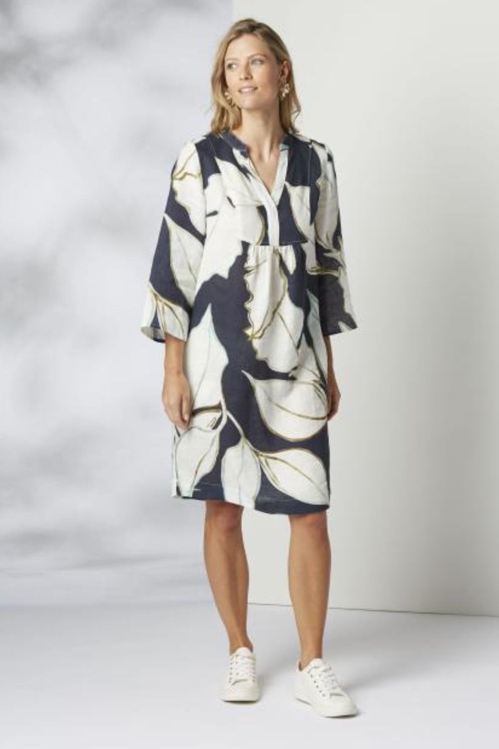 3/4 SLEEVE PRINTED DRESS | COL=DEEP BLUE