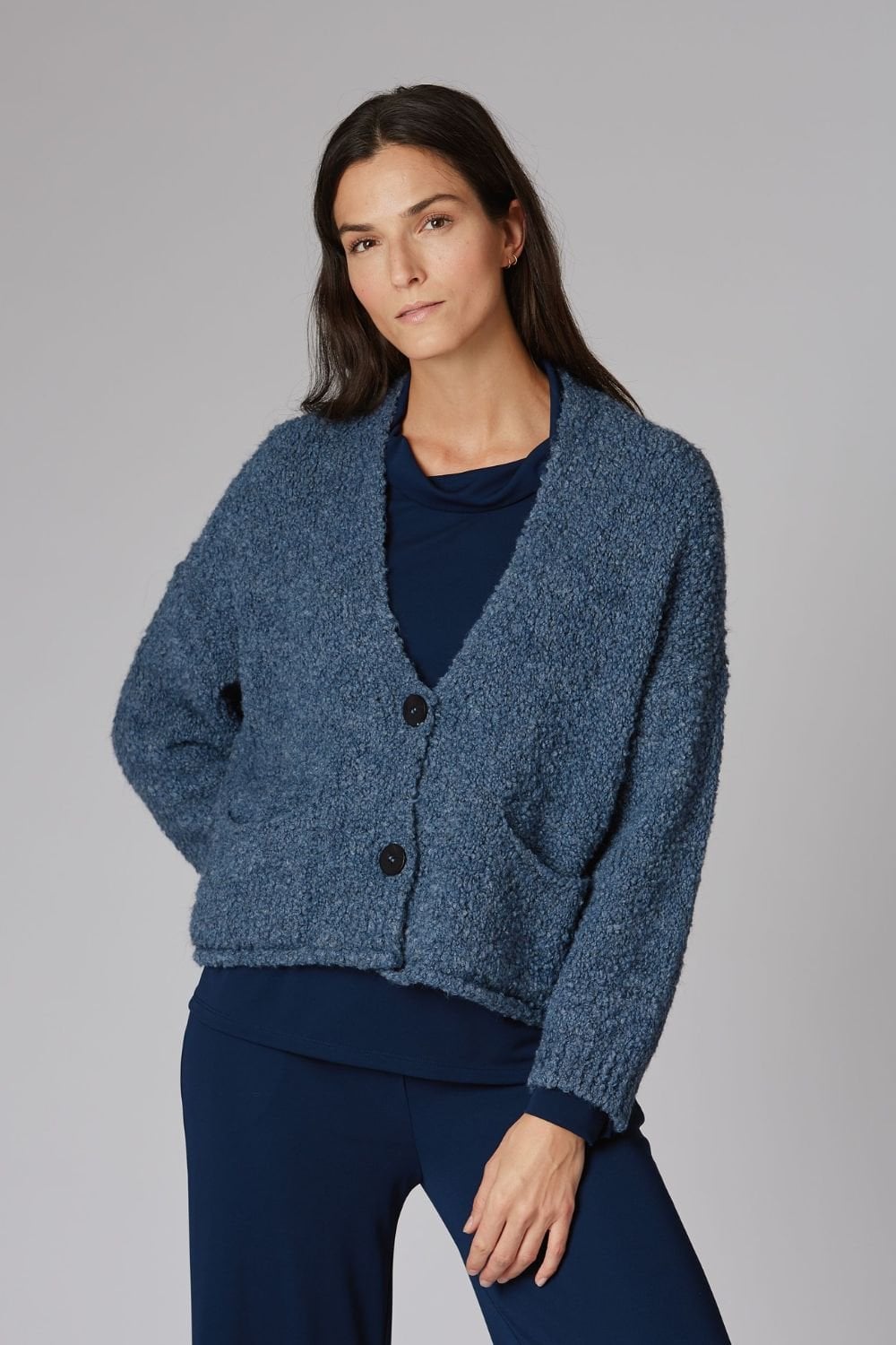 SHORT KNITTED CARDIGAN | COL=DENIM